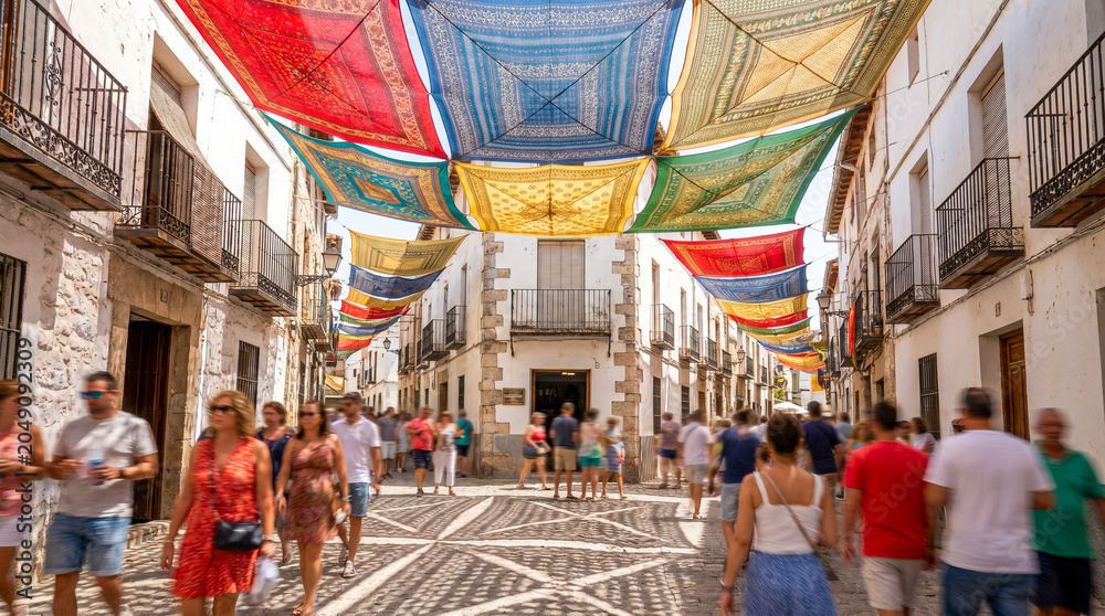 Obraz premium Tejidos coloridos crean una cubierta festiva sobre una calle tradicional.