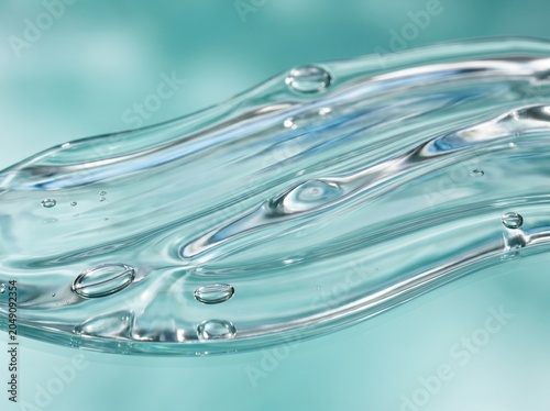 Closeup of clear gel or liquid with bubbles on a light blue background