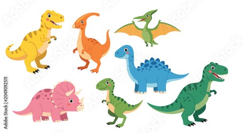 Collection of diverse colorful cartoon dinosaurs such as Tyrannosaurus Rex, Triceratops, and Pterodactyl in friendly poses.