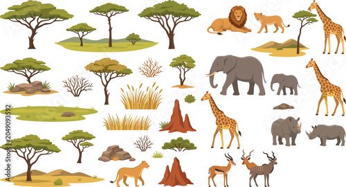 Canvas Print African Savannah Wildlife and Landscape Vector Element Set with Wild Animals, Ac
