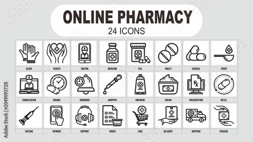 Bild auf Leinwand Professional outline icon collection featuring pharmacy, medicine delivery, telemedicine, healthcare services, prescriptions, medical support, and hospital symbols