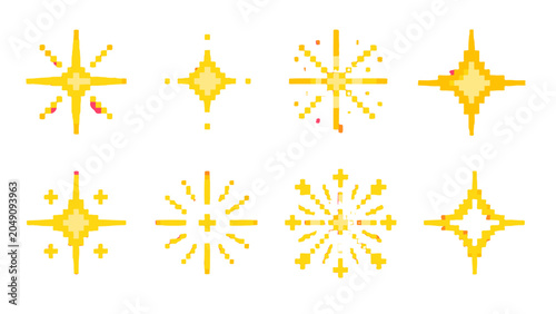 Bild auf Leinwand Set of pixelated golden sparkle star icons on white