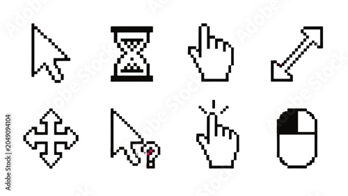 Set of pixel cursor icons with pointer, hand, hourglass and mouse