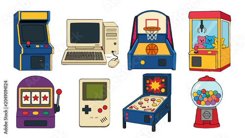 Foto Cartoon arcade and retro gaming machines set collection