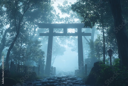 Spiritual japanese torii gate with atmospheric morning mist picture