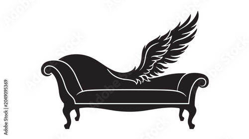 Fotografi Phoenix Wing Chaise Lounge Silhouette, Elegant Vintage chaise lounge sofa large feathered wing extending upwards in a creative artistic design, Editable Vector Strokes Illustrations Silhouettes