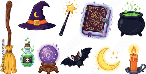 Tableau sur toile Magic Witchcraft and Wizardry Vector Element Set with Witch Hat, Magic Wand, Spe