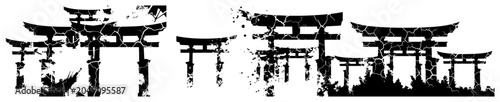 Fotografie Torii gate silhouettes with cracked weathered texture in traditional Japanese st