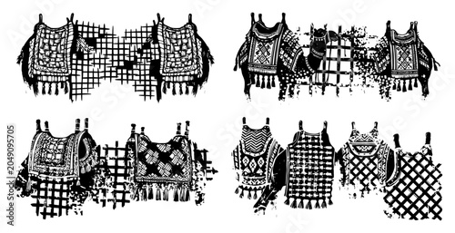 Foto Camel silhouettes with ornate blankets and grid pattern backgrounds in tradition