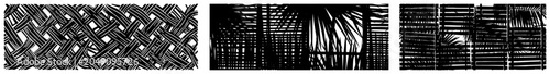 Photos Woven wicker mat texture and tropical palm leaves behind wooden fence in grunge