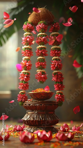Traditional indian ritual decor featuring coconut kalash and flowers photo