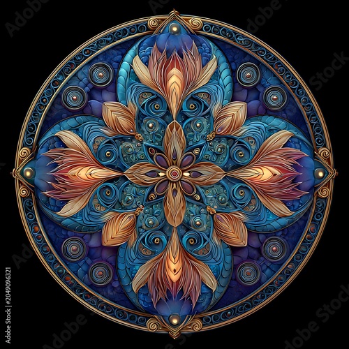 Vintage round stained glass flower design with glowing tones picture