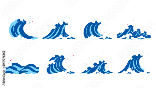 Foto Set of stylized blue ocean waves with white sea foam