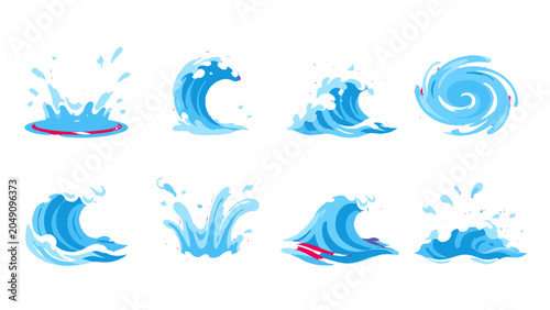 Konstfotografi Set of blue cartoon water splashes and ocean wave icons