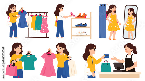 Foto Woman shopping for clothes and shoes in fashion store set
