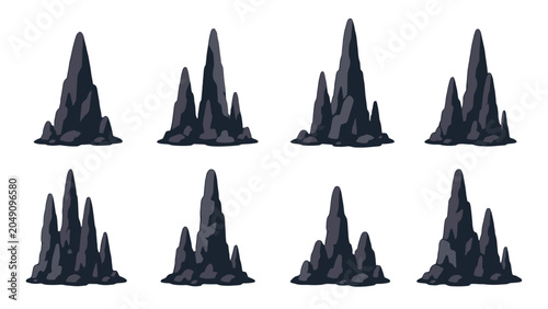 Schilderij op canvas Set of dark jagged rock formations in flat vector style