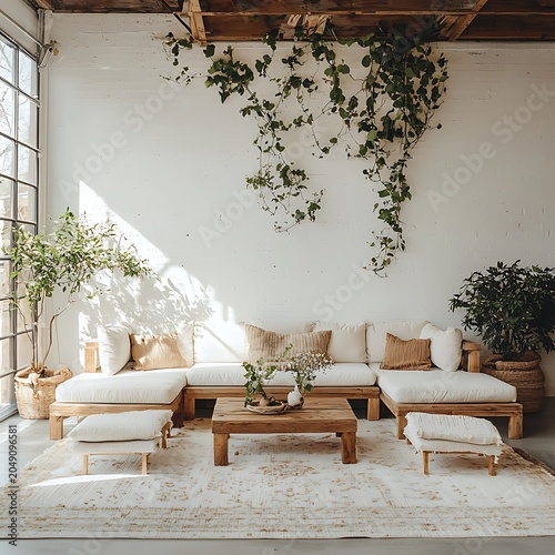 Warm neutral lounge with textured rug and wooden table photo