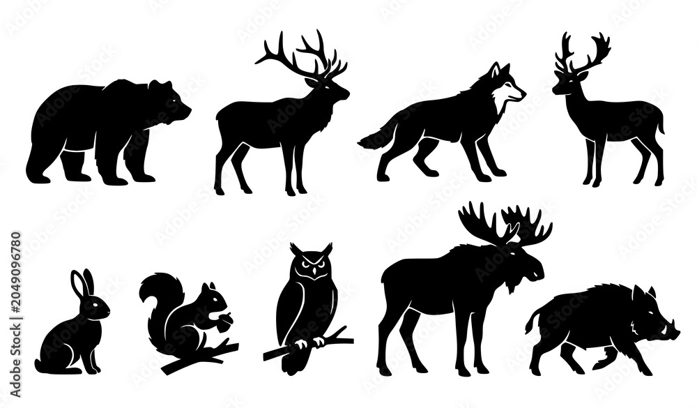 Obraz premium Forest Wildlife Animal Silhouette Collection Vector Illustration Set