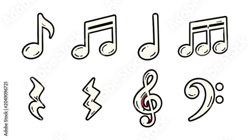 Hand drawn music note and clef symbol icon set