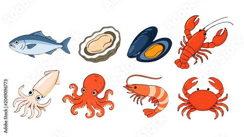 Foto Cartoon seafood set with fish shellfish and cephalopods