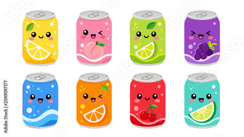 Tableau sur toile Cute cartoon soda cans with assorted fruit flavors set