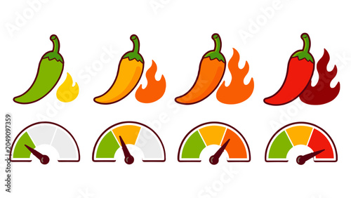 Photos Spicy chili pepper heat level scale with flame and gauge icons