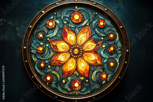 Artistic botanical roundel with colorful petals and teal swirls image