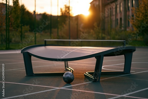 Outdoor teqball scene at sunset with official style curved table and ball on the court in a recreational area