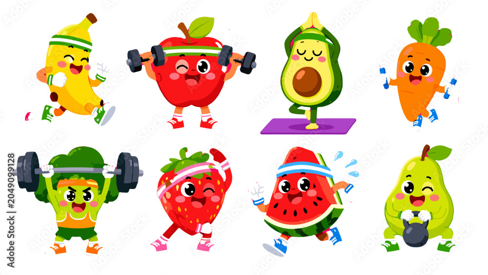 Obraz premium Cute fruit and vegetable characters doing fitness exercises