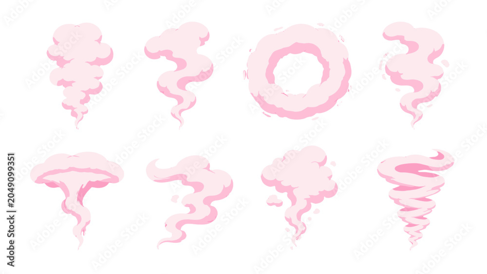Fototapeta premium Set of pink cartoon smoke clouds and swirl effects