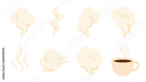 Foto Set of steam and smoke cloud icons with hot coffee cup