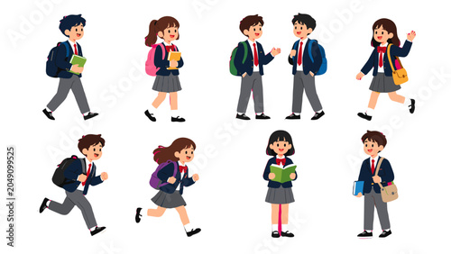 Bild auf Leinwand Set of school children in uniforms with backpacks and books