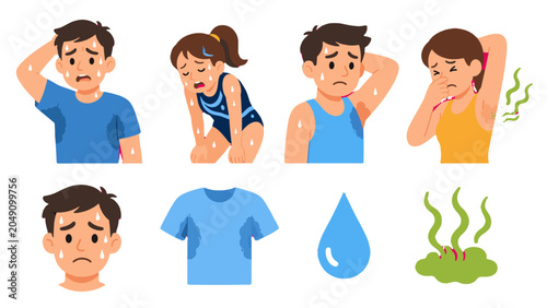 Foto Body odor and sweating symptoms cartoon character set