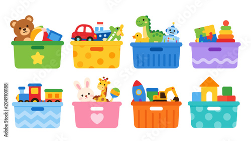 Bild auf Leinwand Colorful toy storage boxes with assorted children's toys