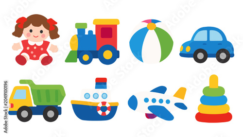 Obraz na plátně Cute colorful toy icons set with doll train car and airplane