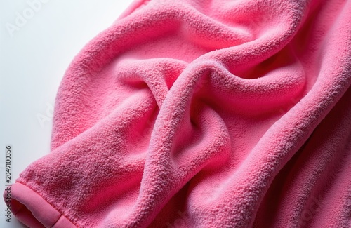 Pink fleecy fabric texture closeup. Soft material folds elegantly on white clean background. Useful for crafts cleaning textiles home decor.