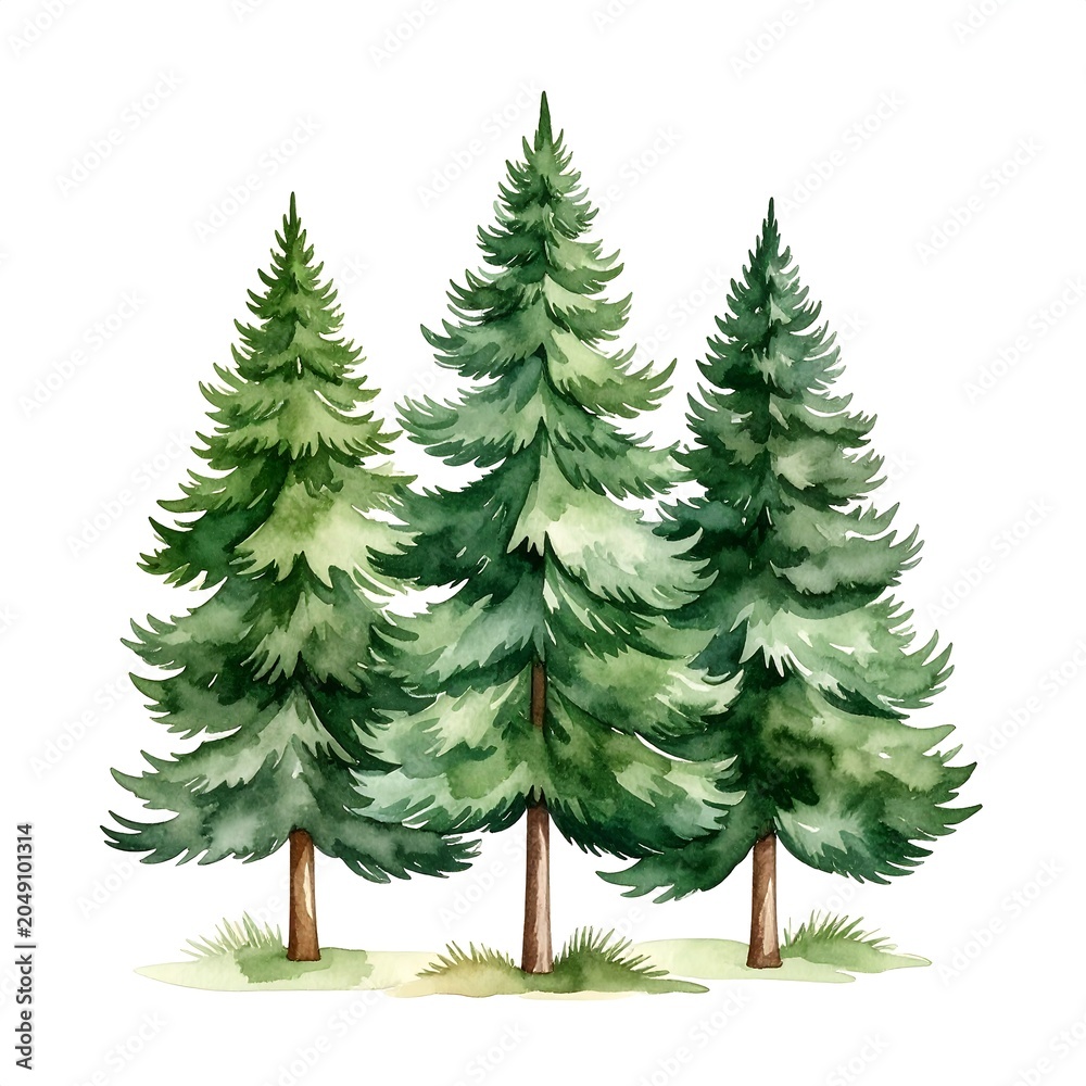 Fototapeta premium Tall green pine trees in a row against white background.