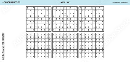 Large Print 3 Sudoku Puzzle Set with Answers for Seniors Vector