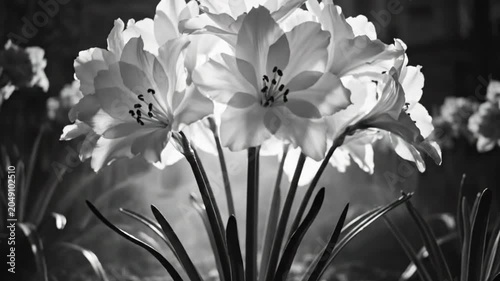 Black and white floral arrangement with bright sun shining through beautiful open white flowers surrounded by foliage