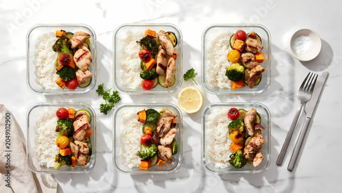 Glass containers with healthy food and utensils on marble surface for meal prep transparent background