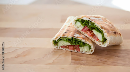 Delicious vegetarian wrap with lettuce tomato and cucumber on wooden surface transparent background