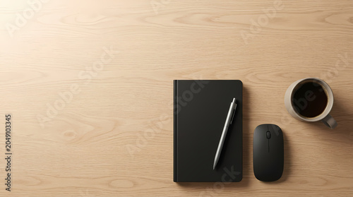Office workspace with notebook computer mouse and coffee on wooden desk transparent background