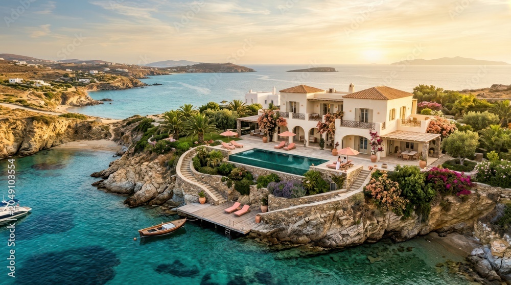 Fototapeta premium Luxury villa with infinity pool overlooking turquoise sea and private beach