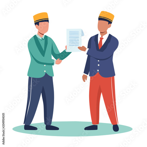Two men in flat design style exchanging a document