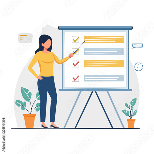 Woman presenting a checklist on a whiteboard in flat design