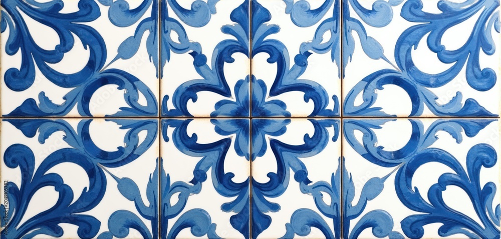 Obraz premium Blue and white ceramic tiles feature classic floral patterns. These majolica style designs are perfect for decor projects. Use for interior design or craft inspiration.