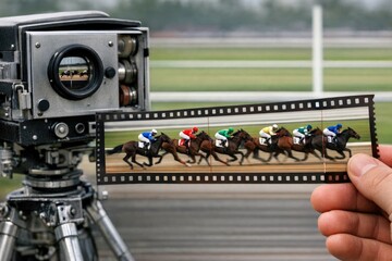 A person holds a photograph of a horse racing scene, perfect for use in presentations or as a decorative piece