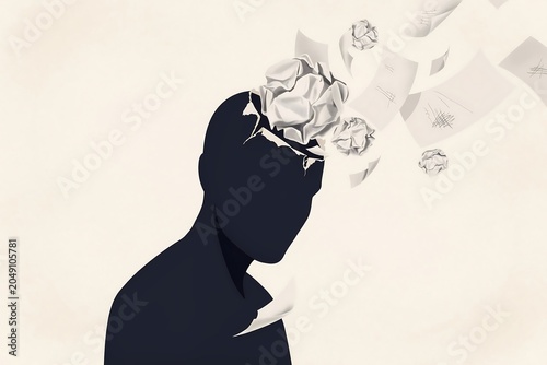 Dark Silhouette of Human Head with Crumpled Paper Exploding Out Concept of Stress and Mental Chaos