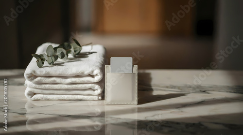 Stack of white towels with eucalyptus leaf on marble countertop with business card holder transparent background