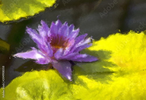 Impressionist style oil painting of a vibrant purple water lily blooming among bright yellow-green lily pads, featuring a heavily textured canvas effect, painterly wall art photo illustration 